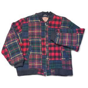 Woolrich 90s Vintage Red Green Wool Plaid Patchwork Quilted Bomber Jacket Large